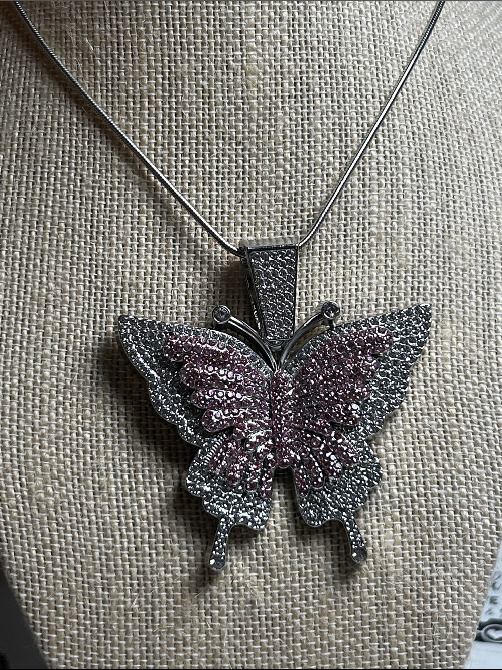 Pink and Silver Butterfly Pendant Necklace